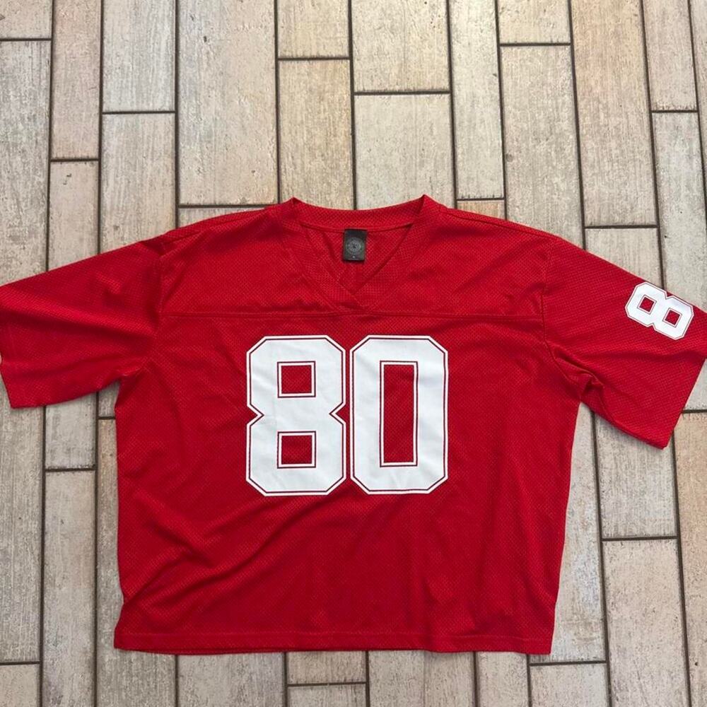 Red PacSun cropped jersey with white number 80, size M